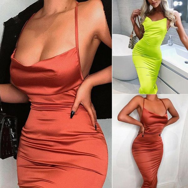 

casual dresses 2021 women sling satin silk slip strappy backless dress sleeveless summer party midi, Black;gray