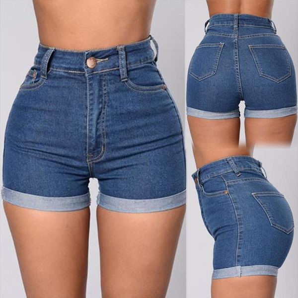 

denim shorts cotton solid color womens capris fashion button summer jeans slim splice high waist plus size s 3xl, Black;white