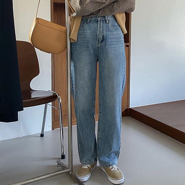 

women's jeans autumn and winter casual solid color high waist loose, Blue