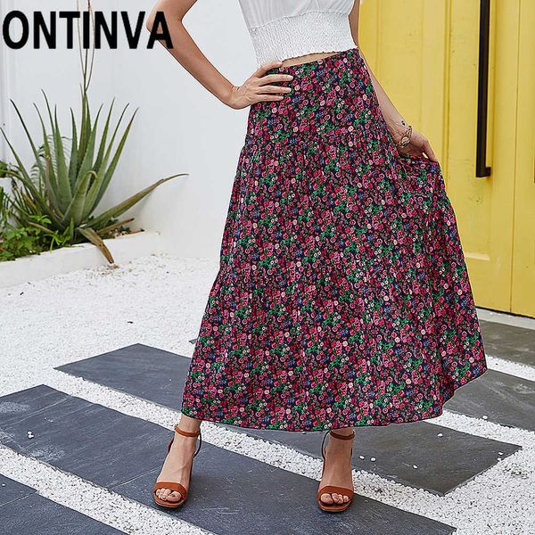 

womens summer black red floral print midi skirt ladies elegant elastic waist pleated a line beach holiday casual retro jupe saia 210527