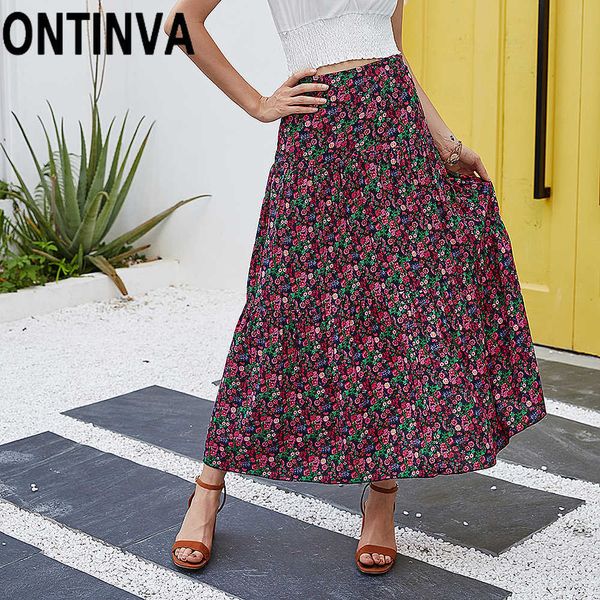 Gonna longuette con stampa floreale nera rossa estiva da donna Elegante vita elastica pieghettata A Line Beach Holiday Casual Retro Jupe Saia 210527