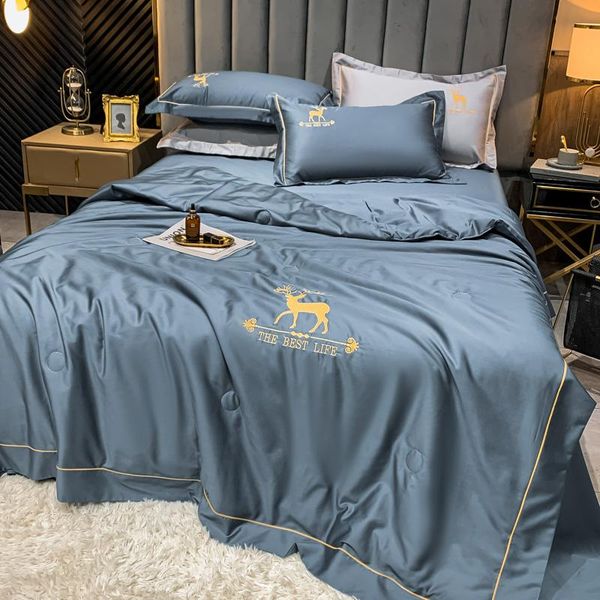 

bedding sets premium pure blue grey summer quilt washed silk hand embroidered pattern light cool pillowcases 3 piece set oceania