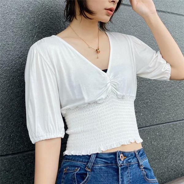 

women retro solid strethy crop shirt v-neck short sleeve elastic waist chic blouse female slim shirt, White