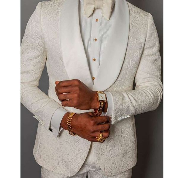 

2020 new style groomsmen ivory pattern groom tuxedos shawl satin lapel men suits 2 pieces wedding man (jacket+pants+tie, White;black