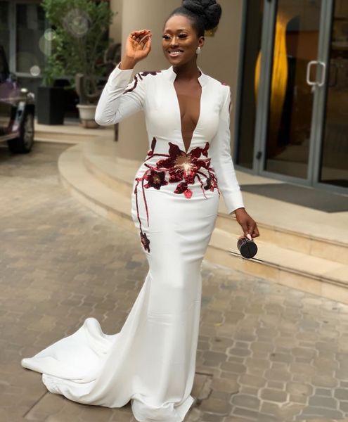 

elegant white mermaid formal evening dresses african deep v-neck long sleeve appliques red lace fashion prom party dress wear robe de soriee, Black;red
