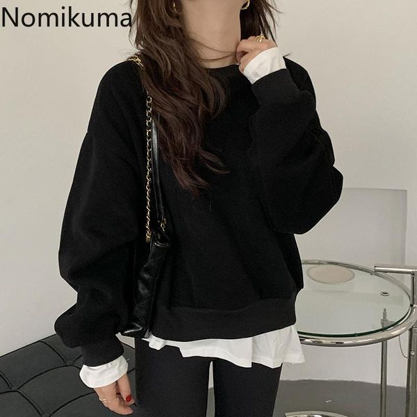 

women's hoodies & sweatshirts nomikuma patchwork fake two pieces pullover sweatshirt korean autumn winter women jumper causal long slee, Black