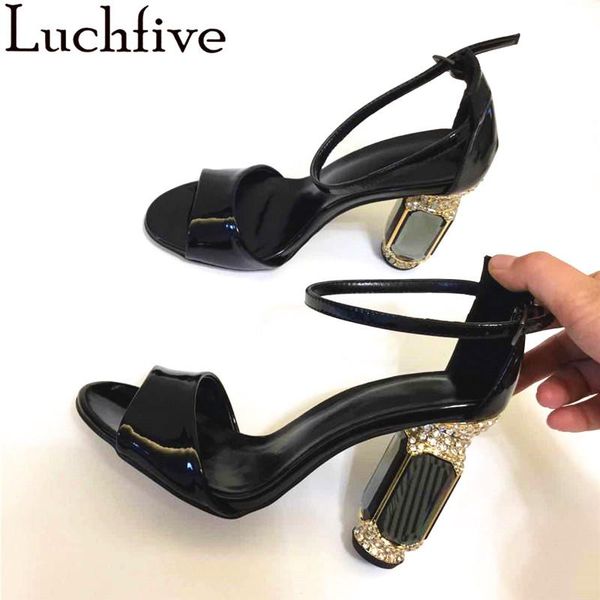 

dress shoes luchfive jeweled high heel sandals women fashion patent leather wide one strap buckle special summer, Black