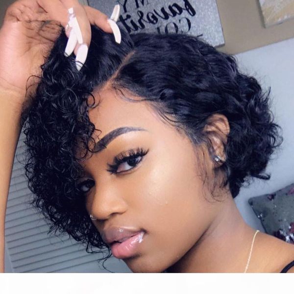 

pixie wig lace front human hair wigs for black women wave curly hair bob wigs pre plucked with baby hair 8inch short pixie, Black;brown
