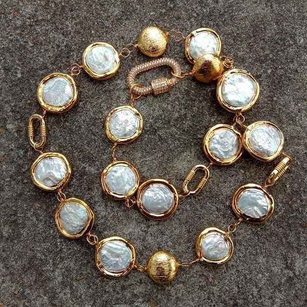 

yygem natural freshwater cultured white coin pearl electroplated edge wrap necklace 24" for women, Silver