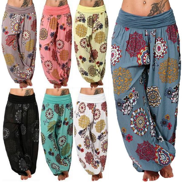 

summer plus size s-5xl pants women ladies casual printed pockets wide leg loose high trousers pants 7 colors, Black;white