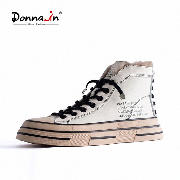 

donna in cow leather high women winter sneakers fur cross tied casual ladies shoes alphabet lace up black white d7kc#
