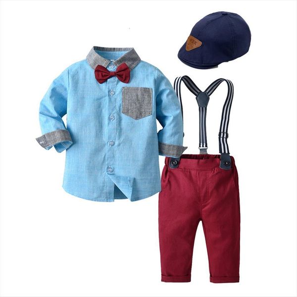 

autumn toddler kids clothes boys 4 piece hat set blue shirt bow tie red pants birthday party dress long sleeves, White