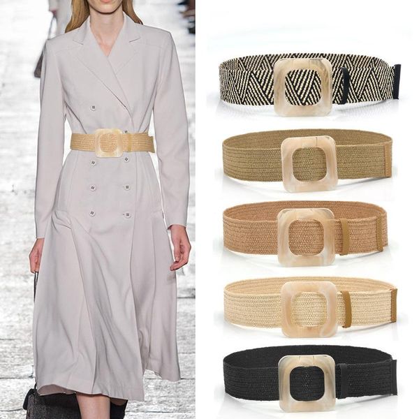 

belts 2021 summer women braided elastic belt round square wooden buckle vintage bohe straw knitted dress, Black;brown