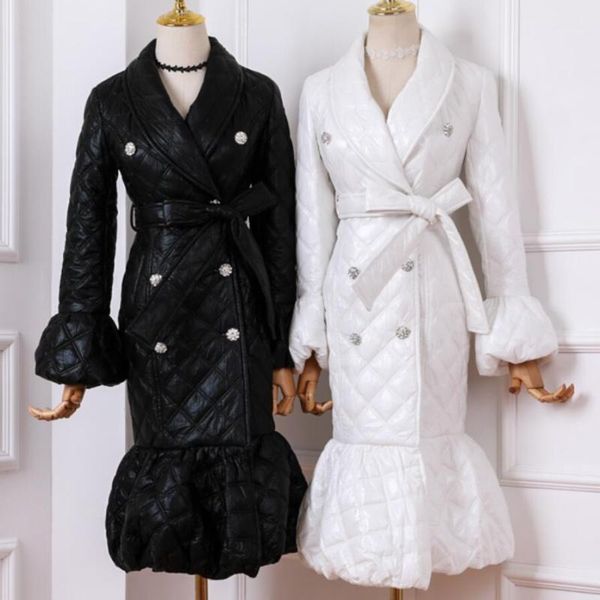 

autumn winter fashion lapel double-breasted belt cotton padded down jacket women flare sleeve ball gown coat1, Black