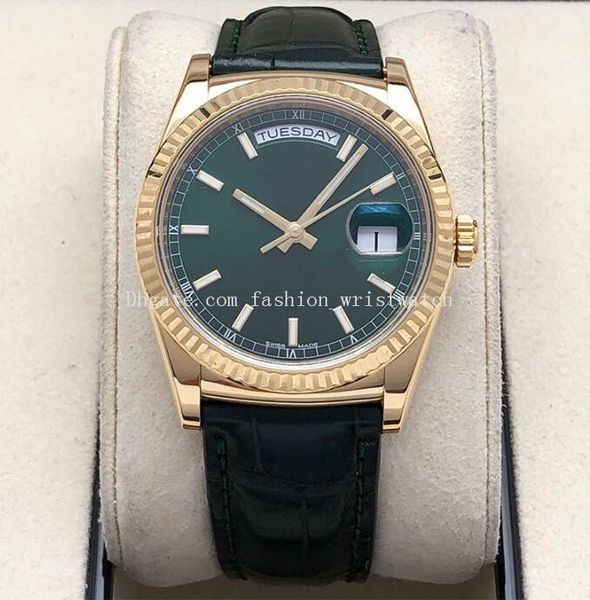 

men's mechanical watches 118138 36mm green dial green leather strap steel bezel automatic calendar wristwatches original box, Slivery;brown