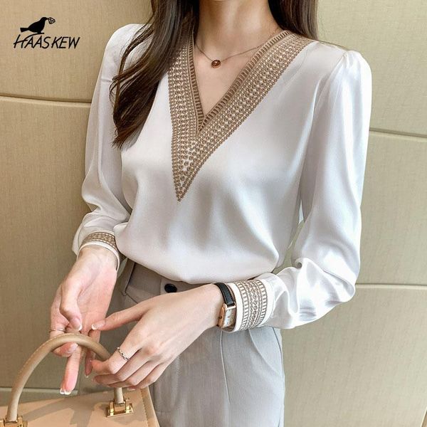 

women's sweaters haaskew long-sleeved 2021 spring and autumn fashion style v-neck solid color casual slim chiffon pullover, White;black