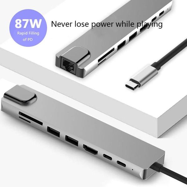 

hubs 8 in 1 usb-c hub aluminum alloy multiports hd 2 usb 3.0 adapter pd charging sd &tf card reader rj45 for lapnotebook