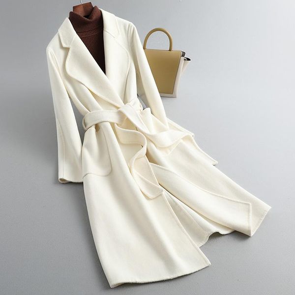 

women's wool & blends double sided cashmere coat white long 2021 hepburn high-end temperament knee length, Black