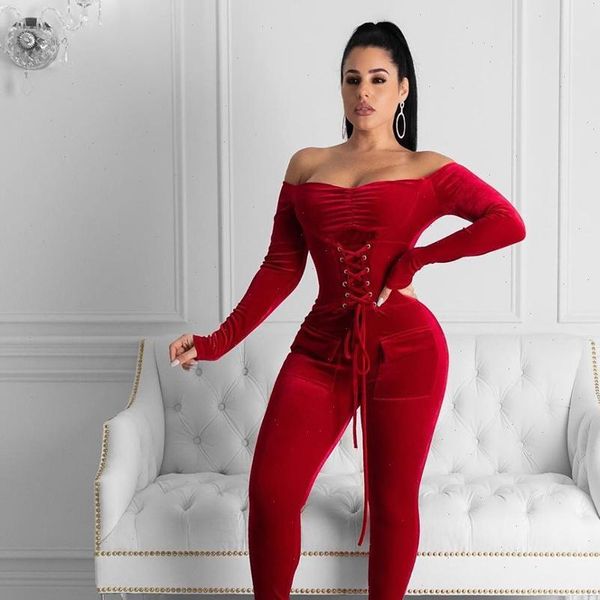 

off shoulder bandage grommet jumpsuit women velvet skinny rompers party club outfits playsuit pocket overalls red, Black;white