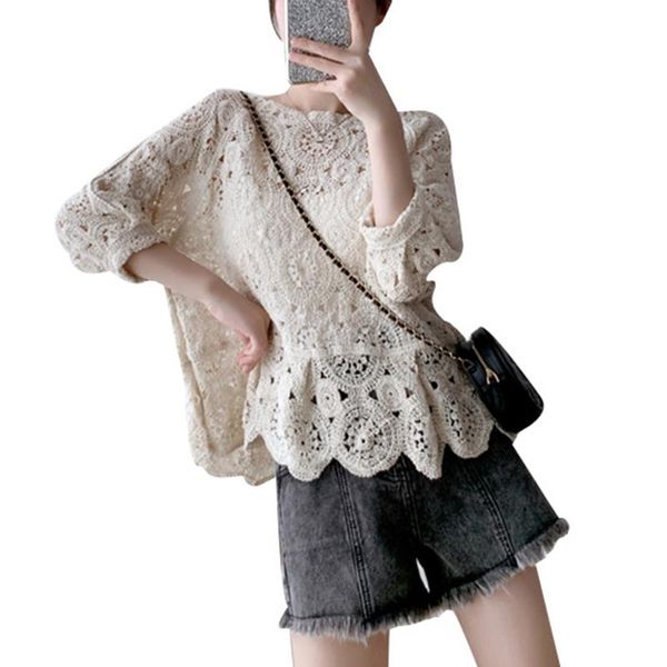 

women's t-shirt women bohemian puff sleeve t shirts retro hollow out crochet knitted pullover scalloped hem casual loose beach holiday, White