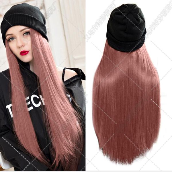 

beanies european and american product wig female fiber wool cap straight hair purple cover factory wholesale hats