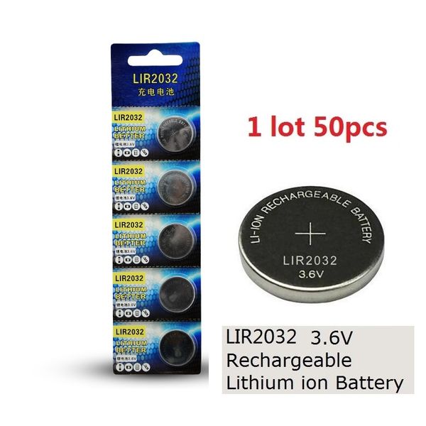 50 pcs 1 lote baterias lir2032 3.6V lítio li íon botão recarregável bateria de célula 2032 3.6 Volt Li-ion Coin CR2032 cartão