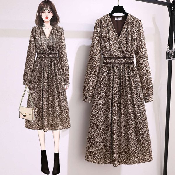 

early spring 2021 new large size women's fat sister's foreign style shows thin age, cover belly french floral chiffon dress, Black;gray