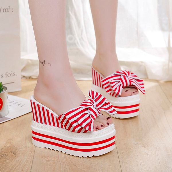 

2020 summer shoes woman platform wedge slipper 13cm super high heel women shoes zapatos mujer red slides striped slippers women, Black