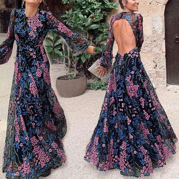 

backless party vestidos womens dress long sleeve hollow out lace o neck floral print ropa, Black;gray