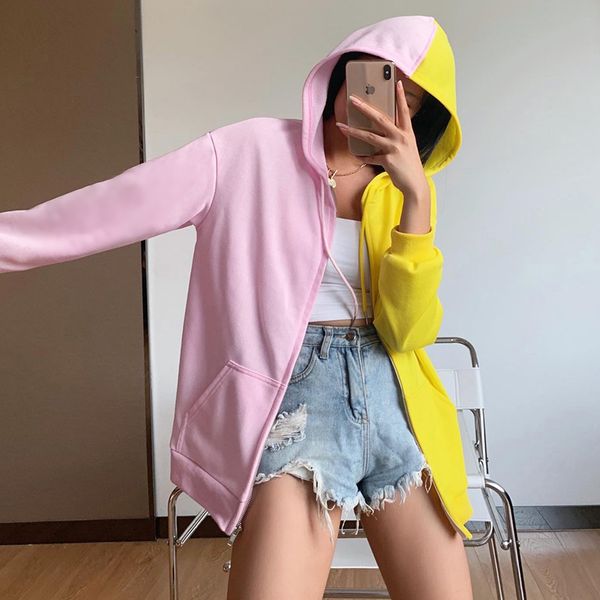 

colorful splice hoodies drawstring full sleeve winter women sweatshirt zipper up outerwear casual oversize hooded 2021, White