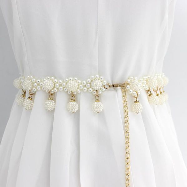 

belts pearl chain for women fashion elegant simulated sunflower waistband girls dress waist belt clothing accessories, Black;brown