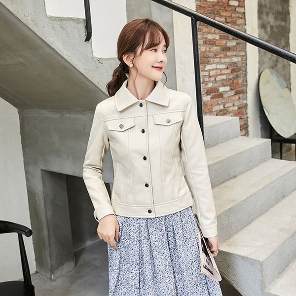 

2021 new autumn women slim single breasted pu faux leather jacket moto biker beige short coat long sleeve streetwear outwear x7bu, Black