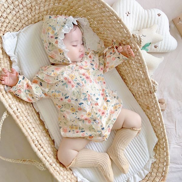 

princess newborn baby romper 2021 spring infant kids girls long sleeve peter pan collar floral playsuit lace hat 2pcs clothes, Blue