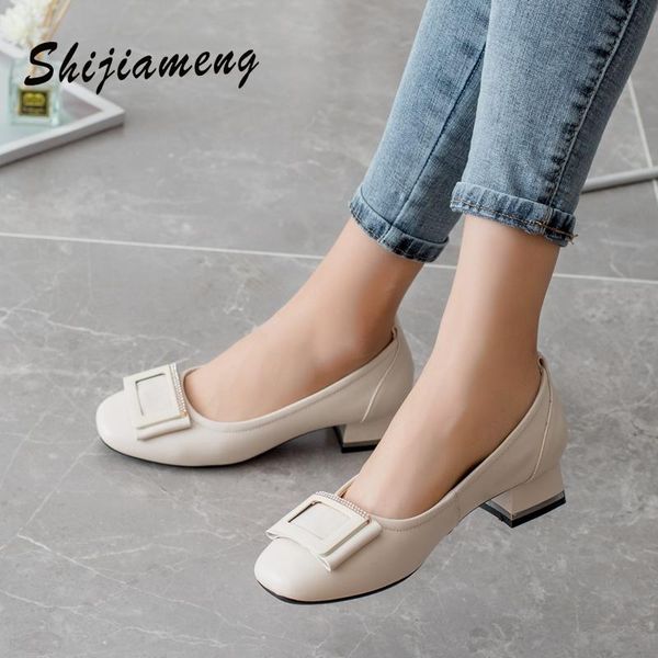 

dress shoes square buckle thick heel leather women's single 2021 style toe all-match temperament mid-heel, Black