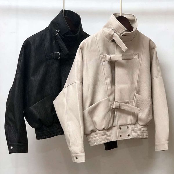

2021spring and autumn 2020 new korean black loose motorcycle pu clothes women's short long sleeve casual jacket leather coat