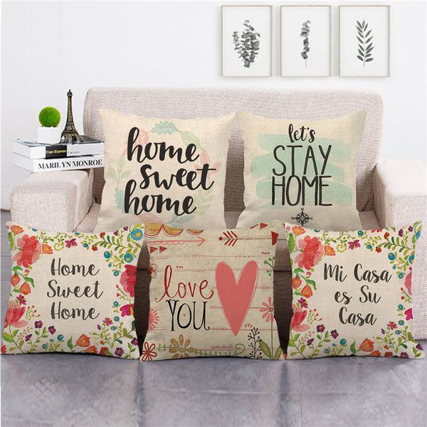 

wholesale pillowcase home sweet home flowers design cushion cover linen/cotton sofa pillow cover decorative pillows