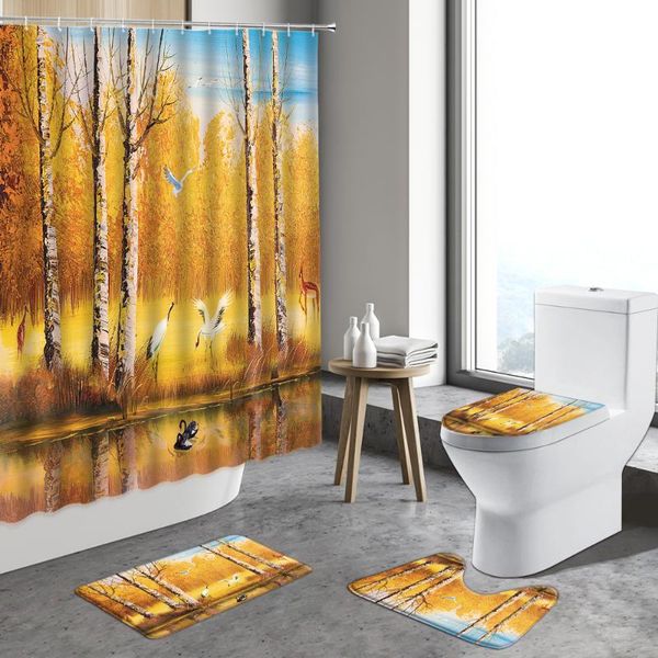

shower curtains autumn forest oil painting landscape curtain natural scenery decor watercolor trees bathroom rug bath mats sets
