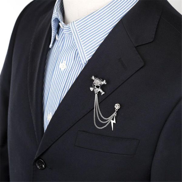 

pins, brooches vintage skull crossbone rhinestone brooch retro personality crystal lighting chain tassel shirt collar suit badge for unisex, Gray