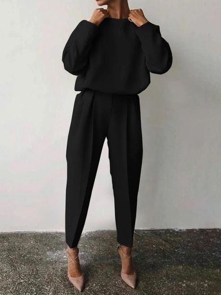 

women's two piece pants 2021 spring and autumn fashion pure color sports suit leisure long sleeve round neck shirt + lace up pencil, White