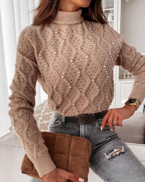 

omilka knitted beaded sweaters 2021 autumn winter women long sleeve high neck hollow out khaki pullover knit elegant sweaters, White;black