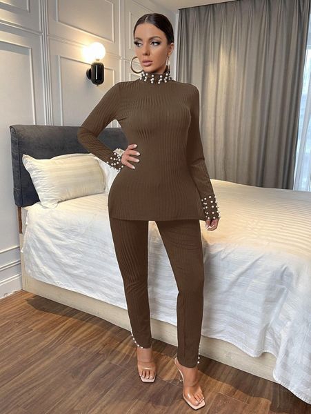 

sxy high neck pearls beaded split hem & leggings y9mg#, White