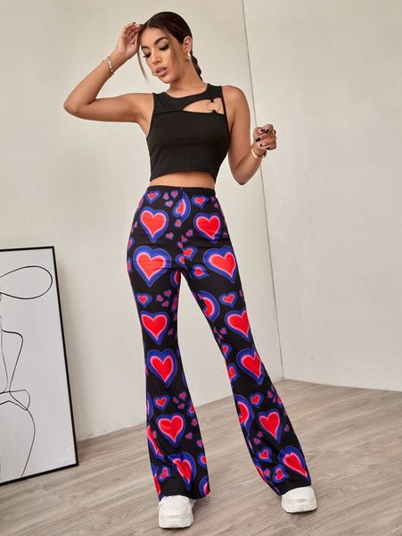 

heart print flare leg pants l7dp#, Black;white