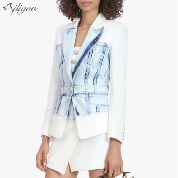 

women's jackets ailigou 2021 latest fashion designer jacket v-neck slim lion button denim patchwork coat, Black;brown