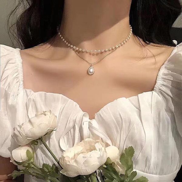 

retro double layer pearl necklace for woman simple choker clavicle chain necklace was10220, Golden;silver
