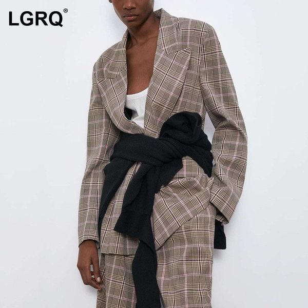 

women's suits & blazers [lgrq] women khaki plaid double breasted blazer notched long sleeve loose fit jacket fashion tide spring autumn, White;black
