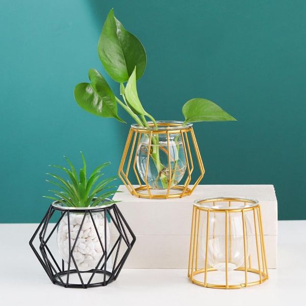 

vases retro iron art glass vase terrarium hydroponic plant flower geometric metal holder home decoration accessories modern