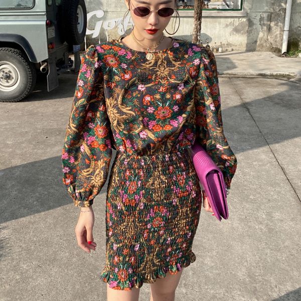 

2021 new vintage floral mini bodycon women autumn korean elastic waist lantern sleeve slim party boho es streetwear robe r9sh, Black;gray