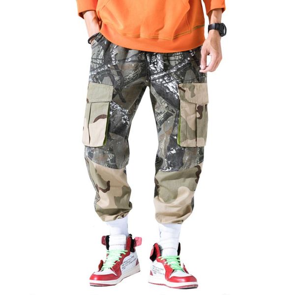 

men's pants camouflage cargo men cotton casual joggers autumn fashion elastic waist tooling trousers patchwork sweatpants male, Black