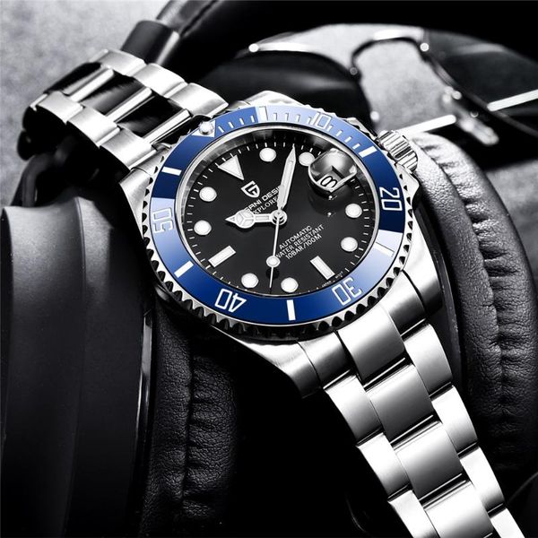 

pagani design men's watch automatic mechanical nh35a waterproof divers reloj hombre stainless steel sapphire glass 10bar 40mm, Slivery;brown