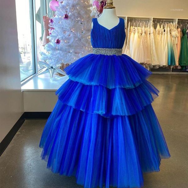 

blue ruffles tier skirt flower girls dresses v neck ball gown crystal belt kids communion dress 20211, Red;yellow